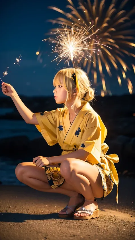 Blonde anime girl in a yellow yukata,Holding a sparkler in your hand,squat