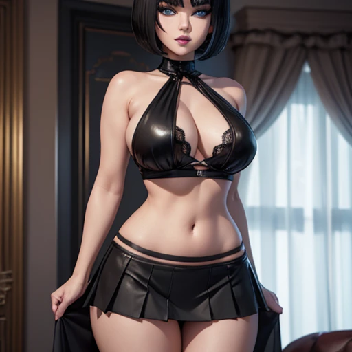 Mavis at hotel transylvania, bobcut black hair,  blue eyes white skin eyeliner, gothic makeup,  thick lips, Beautiful face, slim and detailed 3D body, big breasts and well defined, black top with plunging neckline, pleated black mini skirt, they don&#39;t ...