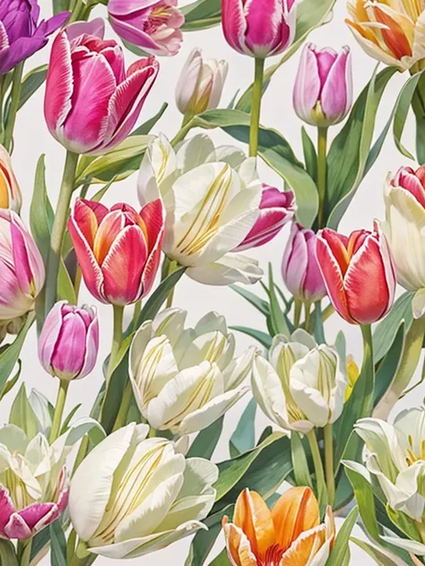 Fill the entire screen with tulips、Drawings of tulip flowers in different varieties and shades、Botanical Art、Photorealism、Detailed Description、Artistic photography、(Highest quality, masterpiece, High resolution)、4K、wallpaper、