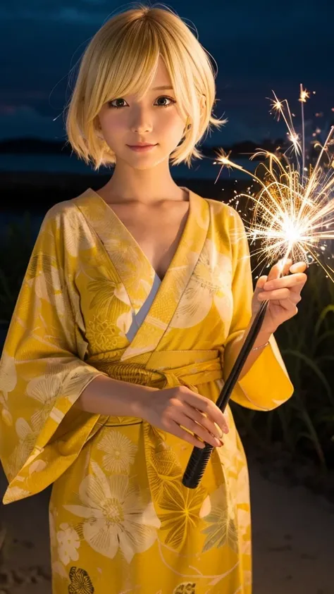 Blonde anime girl in a yellow yukata,Holding a sparkler in your hand