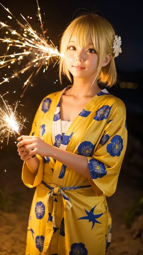 Blonde anime girl in a yellow yukata,Holding a sparkler in your hand