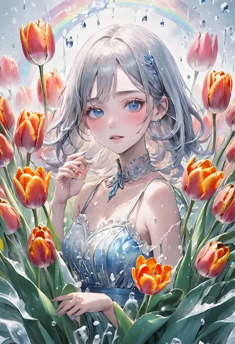 Highest quality、masterpiece、Ultra-high resolution、Ultra-high resolution、Super detailed、Very detailed painting、Painting with a delicate touch、beautiful、Insane beauty、BREAK、A sliver of tulips、Rainbow colored tulips、Frozen、Very icy tulips、Dry ice smoke