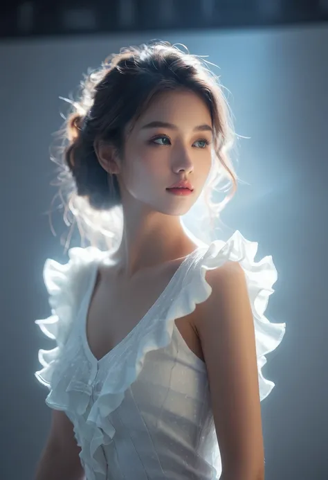 ((gem_Light elements)), (Translucent luminous body_Wearing a white ruffled shirt:1.3), (Girl made of light: 1.2, Long Wavy Hairstyle，Delicate features and lightness:1.3), (Minimalism: 0.5), (Close-up shot from the waist up: 1.3), 4K, HDR, Acid Graphics, Fa...