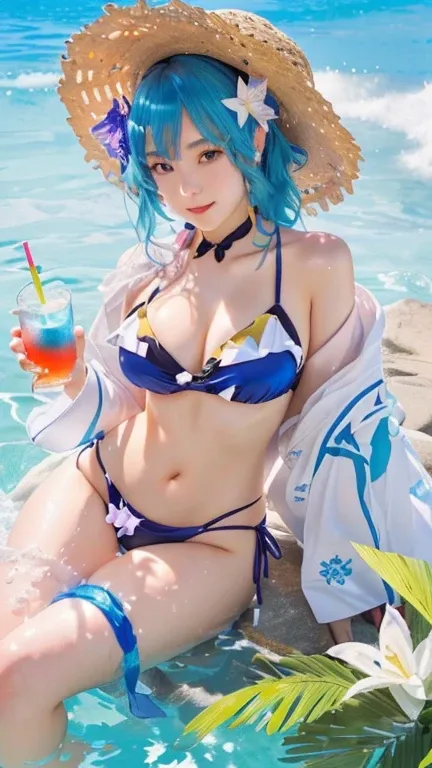 girl in bikini sitting on a rock with a drink, seductive girl,  girl drinks energy drink, rem rezero, moe artstyle, wallpaper blue water, blue bikini, extremely detailed artgerm, swimsuit, beautiful alluring  woman, is wearing a swimsuit, aqua from konosub...