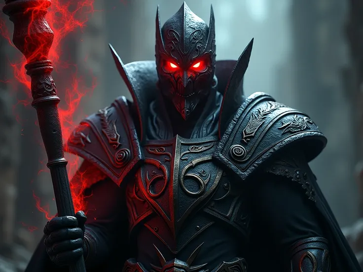 Epic, close-up shot of the Dark Lord: a towering figure in dark, elaborate armor, with glowing red eyes and a sinister aura. Holding a staff with dark energy emanating from it. Realistic, menacing, and commanding presence.