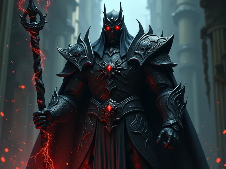 Epic, close-up shot of the Dark Lord: a towering figure in dark, elaborate armor, with glowing red eyes and a sinister aura. Holding a staff with dark energy emanating from it. Realistic, menacing, and commanding presence.