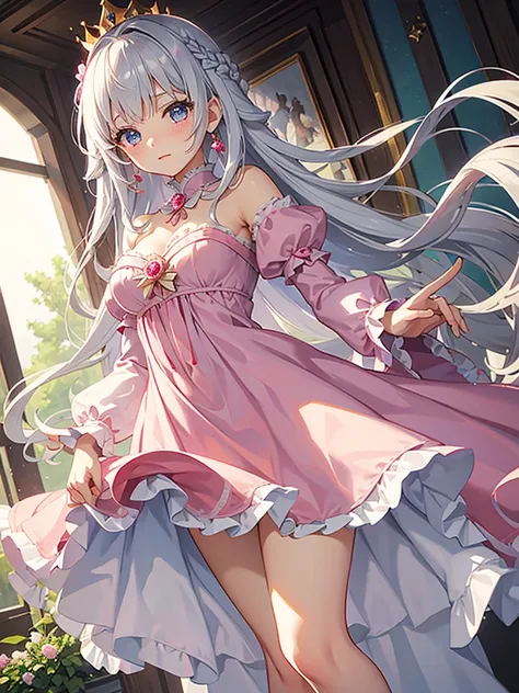 Princess, princess dress, pink dress, puffy sleeves, breasts, tan skin, crown, long hair, silver hair, blue eyes, 1girl, Solo, wind, ribbons, bowe, dress lift, stockings, earings