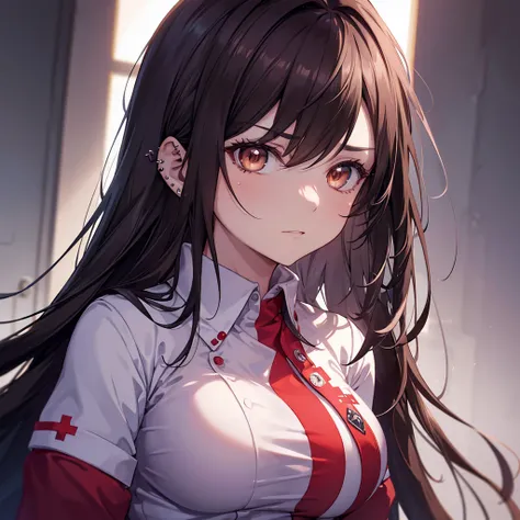 a nurse with long hair, intense expression, no headwear, large breasts, detailed portrait, anime style, high resolution, photorealistic, chiaroscuro lighting, intricate details, piercing gaze, sinister aura, beautiful brown eyes, sharp facial features, pow...