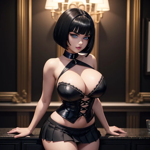 mavis , Hotel transylvania, bobcut black hair,  blue eyes white skin eyeliner, gothic makeup,  thick lips, Beautiful face, slim and detailed 3D body, big breasts and well defined, black top with plunging neckline, pleated black mini skirt, they don&#39;t t...