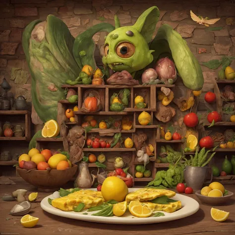 Lemon as rotten zombie omelette zombie  eyes cherry parrot horror breakfast horror, vegetables scary, hieronymus bosch, seb mckinnon, ivan shishkin