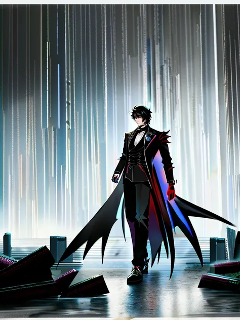 An anime man in a black coat stands among the ruins in the rain, brunette color hair, Black colored eyes, Badass anime 8 K, Anime handsome man, Anime portrait of a handsome man, anime concept anime Macmanus, Key anime art, male anime character, full body 