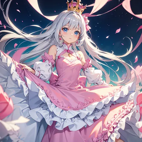 Princess, princess dress, pink dress, puffy sleeves, breasts, tan skin, crown, long hair, silver hair, blue eyes, 1girl, Solo, wind, ribbons, bowe, dress lift, leggings, earings, long dress