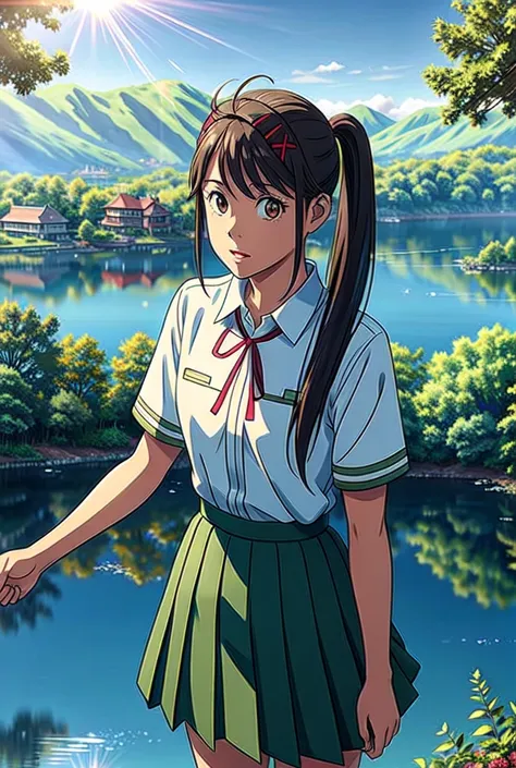 suzu_me, 1 girl, solo, (standing), (looking at viewer:1.2),upper body, brown eyes, black hair, hairclip, single drill, red ribbon, short sleeves school uniform,(green school skirt), outdoors,(light rays:1.2),(sun:1.2),(blue sky:1.1), park,(flowers:1.1),(la...