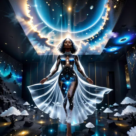 A holographic projection of a transparent vision, translucent, transparent black woman wearing a long white transparent wavy dress, she is floating in the sky among the clouds. Black woman and dress made of beautiful glowing stars and emerging galaxies. Em...