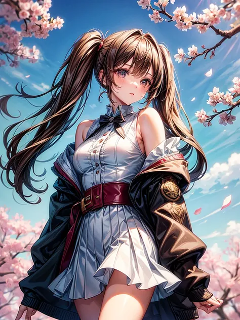 (8k,Ultra-high resolution,Highest quality,masterpiece,Super detailed),An 18-year-old girl looking back,Brown Hair,Shoulder-length twin tails,Straight hair that reaches to the waist,Black coat,White shirt,Beige blouse,Black Mini Skirt,Best Shadow,Highly det...