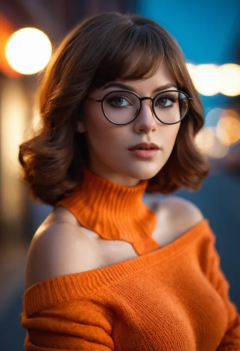 professional portrait, very beautiful smart sexy girl, Velma from scooby-doo,wearing eye glasses and an orange off-shoulder sweater top, gorgeous figure, interesting shapes, hyper realistic, ultra detailed photograph, wearing an orange off-shoulder slim sw...