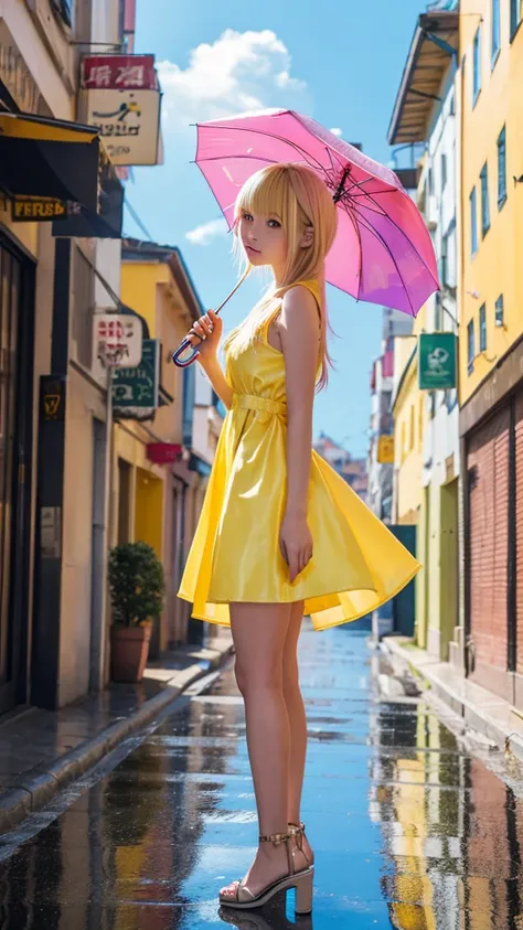 Blonde anime girl in a yellow dress,Holding a plastic umbrella,rainbow