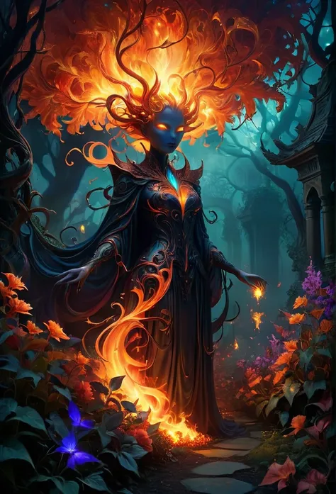 [Rewritten Input]
Distinguished quality, high-resolution, exceptional masterpiece:1.2, meticulously detailed, authentic:1.37, horror-themed, blazing magical flames, otherworldly flora, fiery conflagration, luminescent foliage, enchanted garden, mystical am...