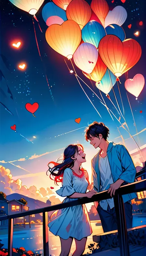 (Highest quality,Very detailed,Realistic:1.37),humor,Comic book style,Bold,Vibrant colors, Close to cool colors,Desaturate,Beautiful night view, A girl and a boy, Fun couple, Laughter, floating love,