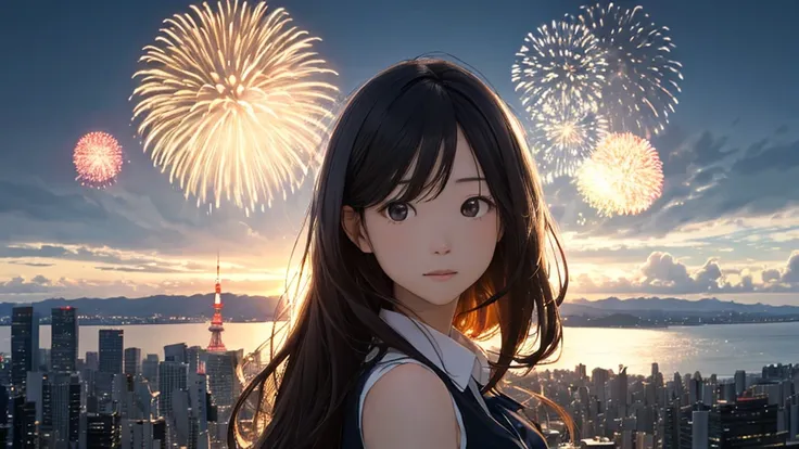 Shiraishi Mei, Looks exactly like Shiraishi Mei、Time is night、Tokyo Tower in the background、Big fireworks、Oceanの方を向いている後ろ姿、Woman looking up at the sky ,Long Hair,  Black Hair,, photograph, Realistic, Highest quality, Detailed face, Strong sunlight, Ocean, ...