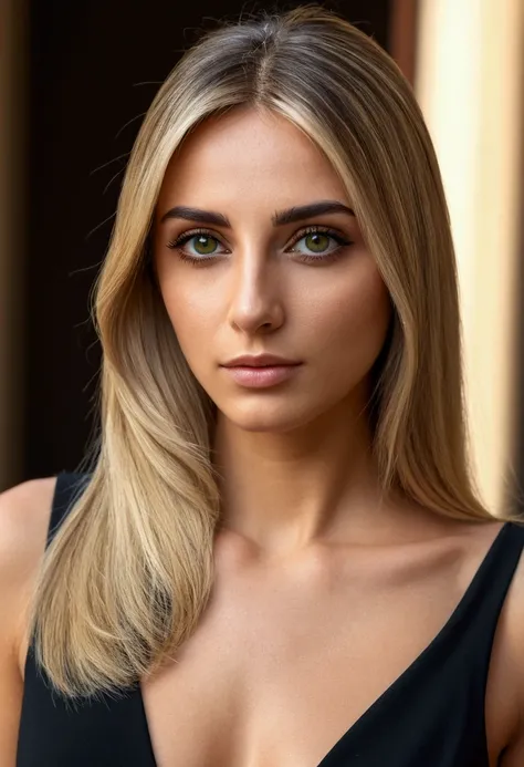 A realistic photo of beautiful italian woman wear a black short dress ,light makeup, long straight blonde hair, high quality photo 4k, very detailed, perfect fit, looking at the camera, detailed face, detailed eyes, olive skin 