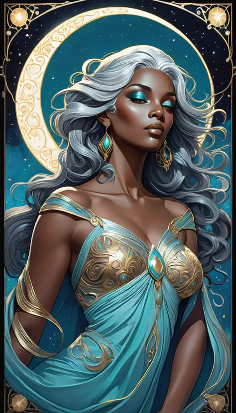 Elaborate border, dark skinned woman in flowing dress with silver hair and turquoise eyes, NO BLACK HAIR, laying reclined sensually on a large crescent moon with a background of stars, night sky background, blues and silver, good anatomy, dynamic pose, goo...