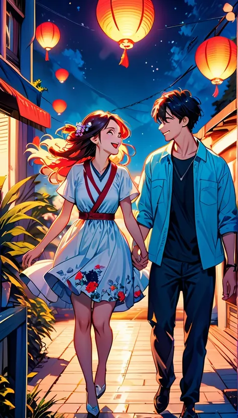 (Highest quality,Very detailed,Realistic:1.37),humor,Comic book style,Bold,Vibrant colors, Close to cool colors,Desaturate,Beautiful night view, A girl and a boy, Fun couple, Laughter, floating love,