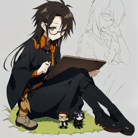 anime, male, (Iground circle glasses:1.1), sitting on the ground, drawing on tablet, hd wallpaper, beautiful anime art style, anime boy wearing a black dress, cute art style, 1 7 - year - old anime goth boy, by Jin Homura, anime visual of a cute boy, girls...