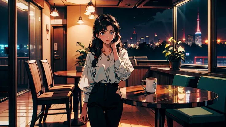 Highest quality, 8k, 1990s style,Hairstyles of the 2010s, 21 year old girl, Black Hair, Long Hair, Light brown eyes, City Pop, pants ,Night view, Wear headphones, whole body,  Relax Coffee,table,making,look at me, Black cat
