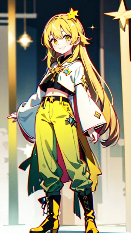 long straight orange blond himecut, sweet smile with bright yellow eye, a pretty priestess standing on golden road, star light on left hand palm, long yellow cropped-top tailcoat, yellow long casual pants, knee-high brown boots