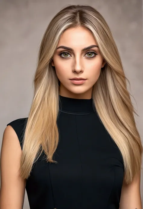 A realistic portait of beautiful italian woman wear a black short dress ,light makeup, long straight blonde hair, high quality photo 4k, very detailed, perfect fit, looking at the camera, detailed face, detailed almond eyes, olive skin 