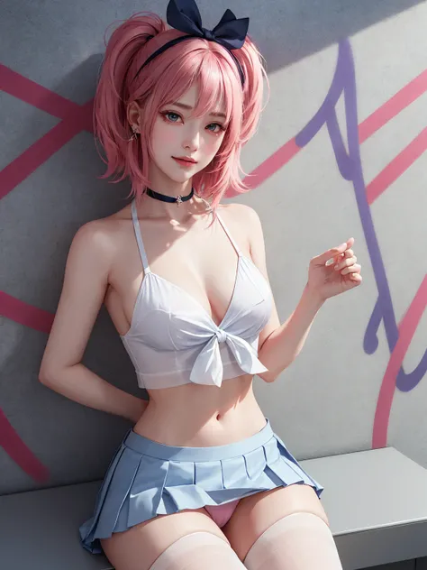 (Masterpiece, best quality, 1 girl, alone, complicated details, Chromatic aberration), realistic, ((Moderate breath)),long hair, pink hair, Red headpiece, Pink Highlights, hair on one eye,purple eyes, earring, sharp eyes, choker, Neon coat, She wears a col...