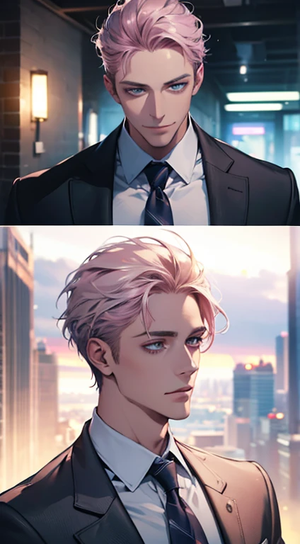 (Highest quality,4K,8K,High resolution,masterpiece:1.2),Super detailed,(Realistic,photoRealistic,photo-Realistic:1.37),1 person,31 years old,Mature Men,Beautiful skin、very handsome,Expressionless,smile,Short gray pink hair,blue eyes,Sharp Eyes,A perfect fa...