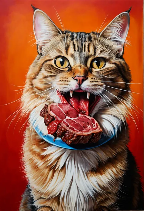 A cat with meat in the mouth