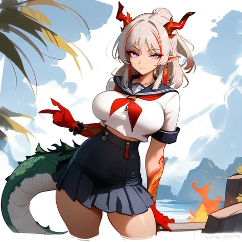 1girl, nian (arknights), arknights  masterpiece, best quality, newest, horns, ///// , , by khyle, cutesexyrobutts, nyantcha  thin waist, highres, absurdes.,,,big breasts, dragon_girl, cropped legs, sky, clouds, dragon tail, serafuku, sailor collar, skirt, ...