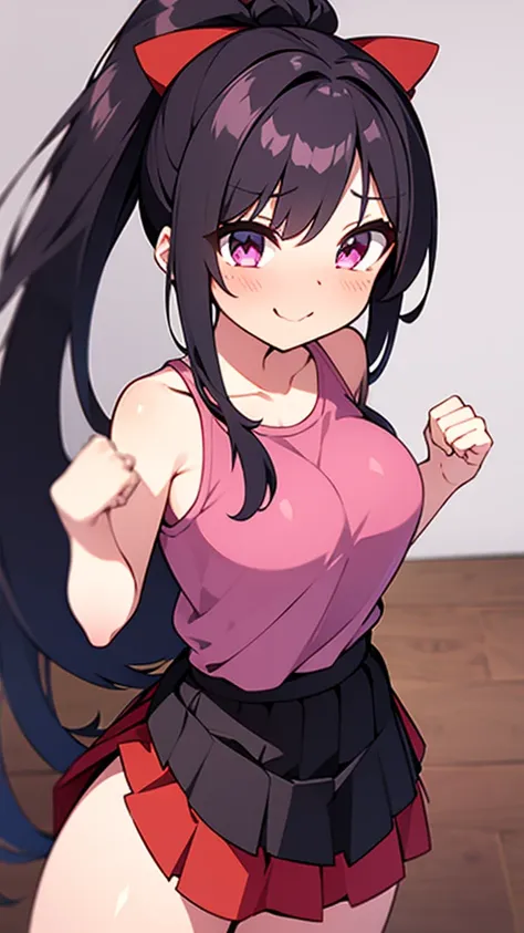 High tail hairstyle, two Ponytail hairstyle, Ponytail hairstyle, Long wavy black hair, standing posing, anime girl style, pixel art anime style,penetrating look with deep eyes,red and purple eyes, hair with a ponytail hairstyle trapped with a big red bun, ...