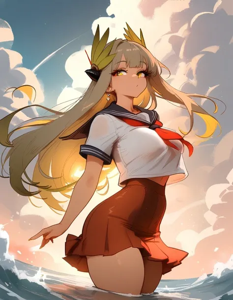 1girl, muelsyse (arknights), arknights  masterpiece, best quality, newest, horns, ///// , , by khyle, cutesexyrobutts, nyantcha  thin waist, highres, absurdes, cropped legs, sky, clouds, serafuku, sailor collar, skirt, small breasts, sea