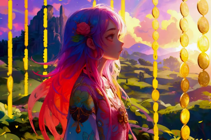 A beautiful and cute girl standing in a fantastical landscape with a rainbow in the background. The background features Bitcoin coins hanging and scattered around, lush greenery, and a vibrant sky. The girl should have a colorful outfit and hair, embodying...