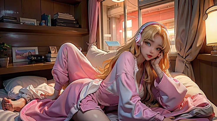 masterpiece、high resolution 8k、NSFW、sharp focus、contrast morning lighting、A woman sits on a bed, wear headphone. She wears a pink dress pajama and has blonde hair. The bed is white, with white pillows. There are potted plants in the room, and a window is o...