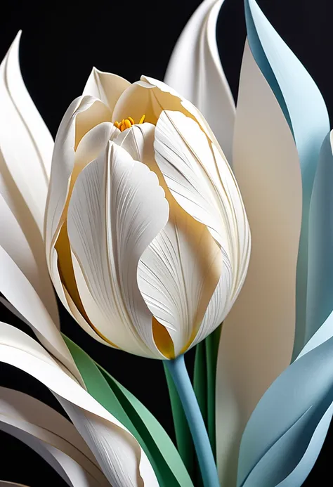 3D white and light blue tulip paper flower close-up on dark background bright soft light exquisite beautiful details shining fusion 3D paper sculpture and paper art creation lifelike depiction perfect artistic design accurate perfect anatomy complex extrem...