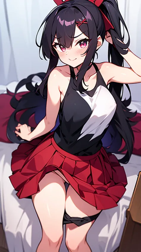 High tail hairstyle, two Ponytail hairstyle, Ponytail hairstyle, Long wavy black hair, standing posing, anime girl style, pixel art anime style,penetrating look with deep eyes,red and purple eyes, hair with a ponytail hairstyle trapped with a big red bun, ...