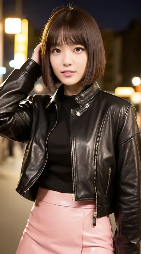 (((Yumikanoku))),((Highest quality, 8k, masterpiece :1.3)), One girl, smile, whole body, Slim face, Beautiful woman, (Dark brown hair), Tight leather pink suit,Pink Short Tight Skirt, Highly detailed face, Detailed eyes, double eyelid,  Bokeh Background, S...