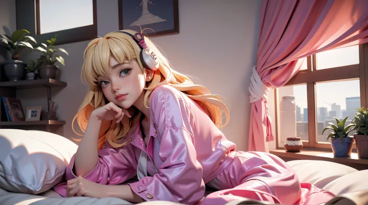 masterpiece、high resolution 8k、NSFW、sharp focus、contrast morning lighting、A woman sits on a bed, wear headphone. She wears a pink dress pajama and has blonde hair. The bed is white, with white pillows. There are potted plants in the room, and a window is o...