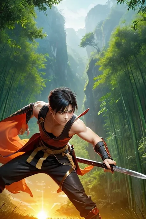 A hot-blooded boy with a strong sense of justice。Holding a Nichirin sword、Rin fighting demons々With a serious expression、In the landscape where the morning sun shines、Show a kind smile。The background is a bamboo forest and sunrise.、A powerful and hopeful at...