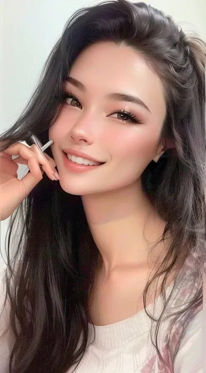 il y a une femme qui se brosse les cheveux longs, 27 ans, 28 ans, 29 ans, 23 ans, photo de profil, 22 ans, 21 ans, 24 ans, 32 ans, charming smile, Asian face, très mauvaise quality, léger sourire mignon, 30 years old woman