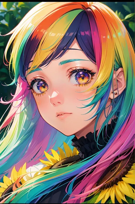 ((um olho rosa um olho amarelo)), anime com rainbow hair ,uniforme de futebol,photorealistic anime girl rendering, render de uma  anime 3d bonito, 8k portrait render, in a garden of sunflowers 