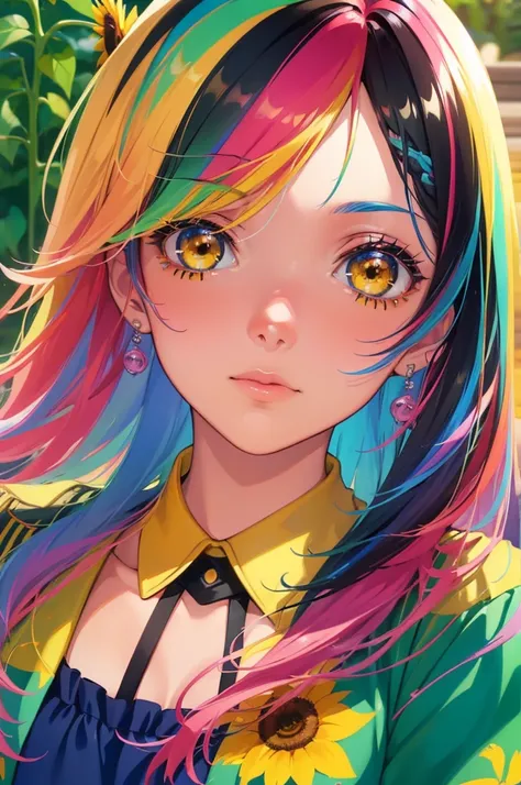 ((um olho rosa um olho amarelo)), anime com rainbow hair ,uniforme de futebol,photorealistic anime girl rendering, render de uma  anime 3d bonito, 8k portrait render, in a garden of sunflowers 