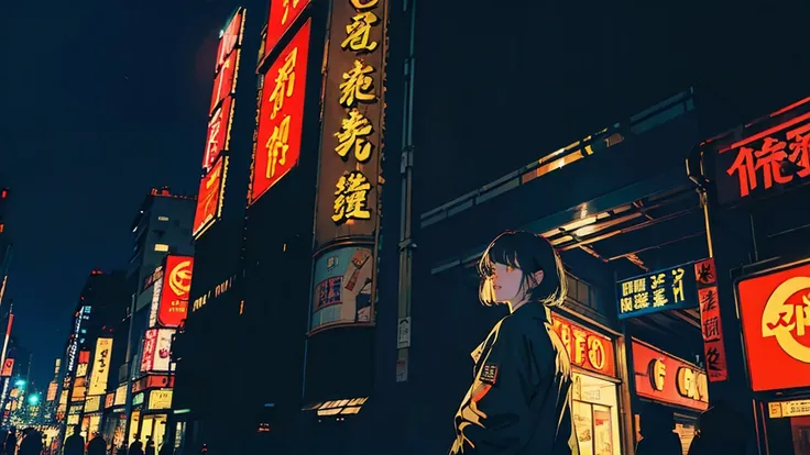 Tokyo at Night, Neon Town, Multiple signs,  Neon Black, (Backlight: 1.1), Hard Shadows, masterpiece, Highest quality, Complex, Model shooting style, Vintage, Film Grain, Incomplete details