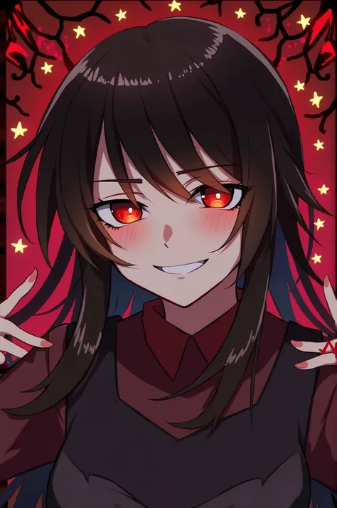 1girl, flying hair, red eyes, fire witch, blood on face, light particles, lightning rays, wallpaper, colorful, high contrast, vampire, smirk, evil smile, psychopathic smirk, psychopathic smile, tilted head