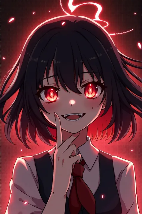 1girl, flying hair, red eyes, fire witch, blood on face, light particles, lightning rays, wallpaper, colorful, high contrast, vampire, smirk, evil smile, psychopathic smirk, psychopathic smile, tilted head